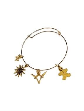 Adjustable Gold Charm Bangle Bracelet with Sunflower & Figurine Charms NWOT